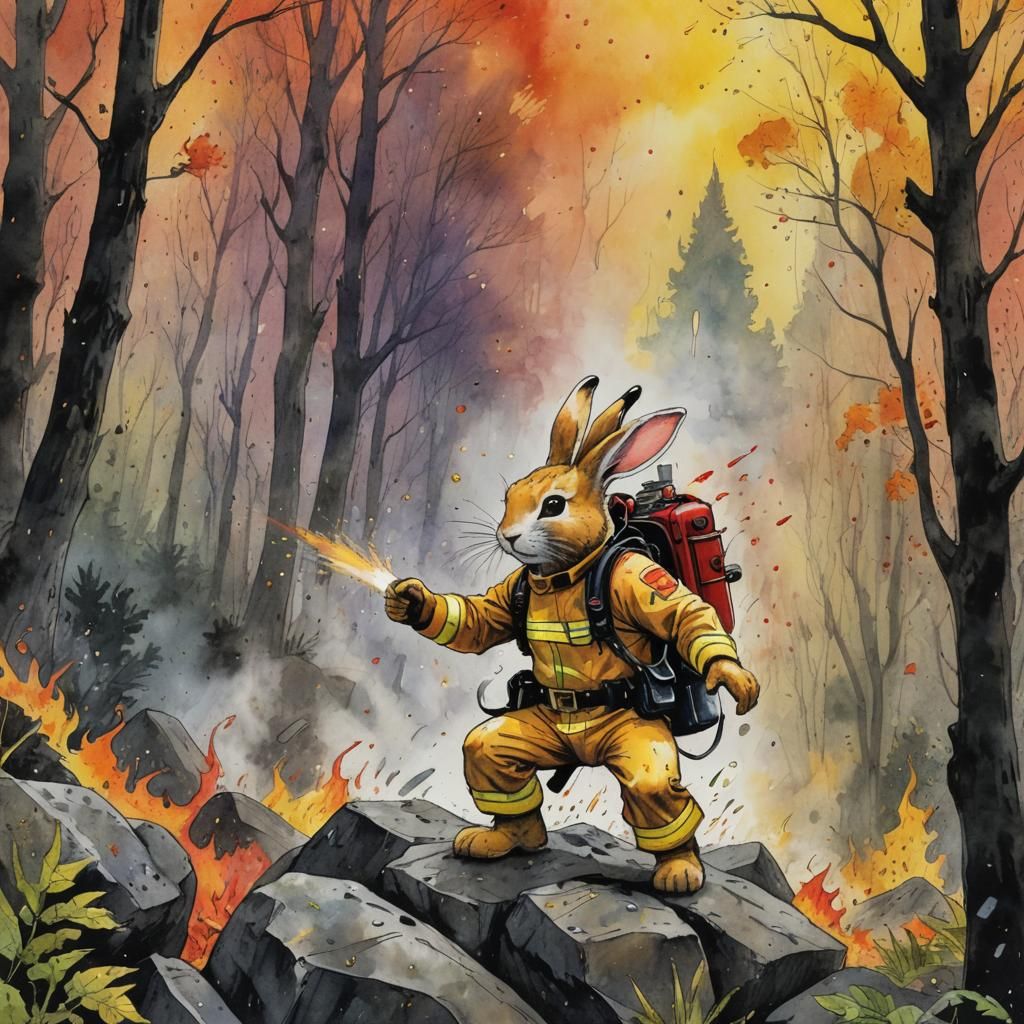 Superhero Rabbit Fights Forest Fire in Comic Style