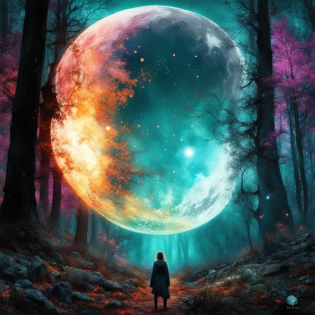 Bioluminescent Moon with Kaleidoscopic Stars in Fantasy Art
