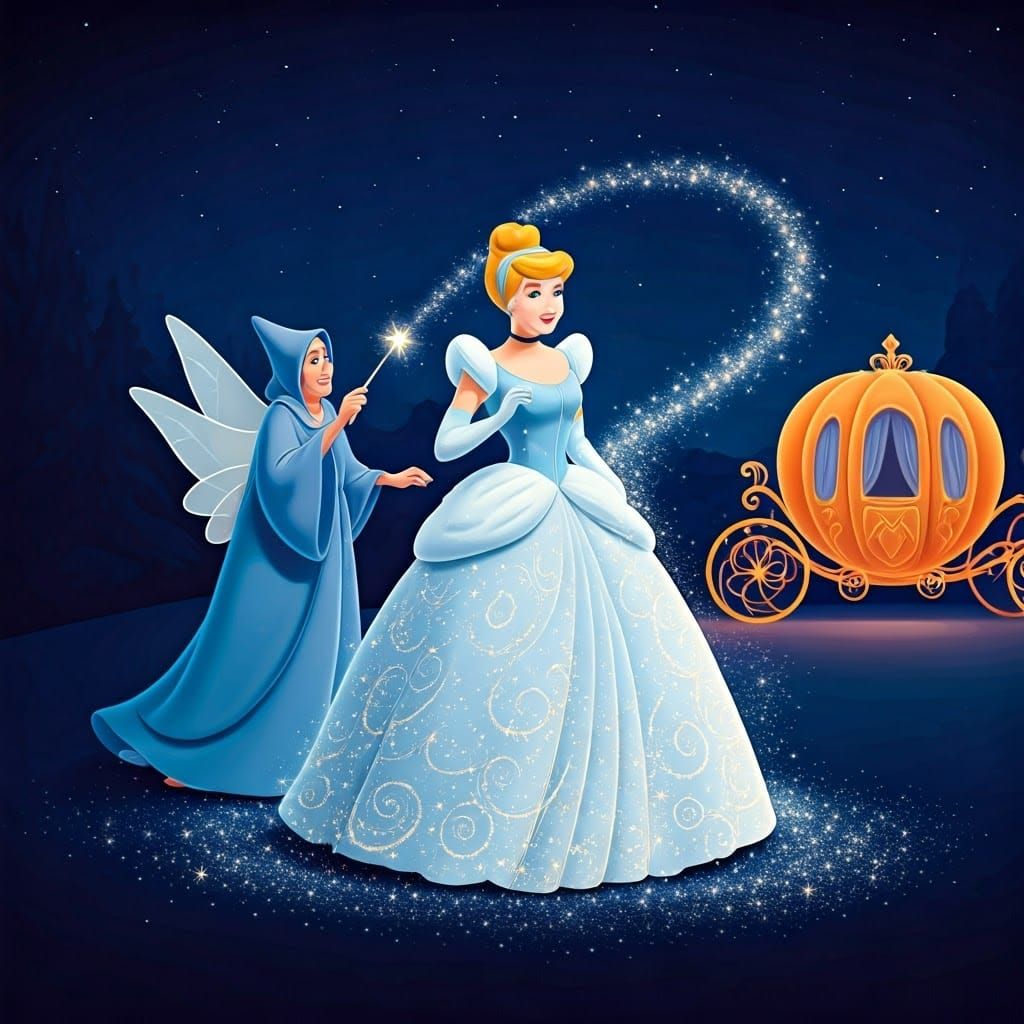 Cinderella's Enchanting Transformation in Dreamlike Scene