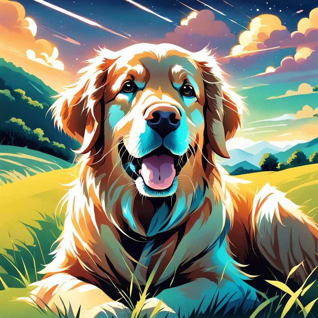 Golden Retriever on Hill in Manga Scan Style