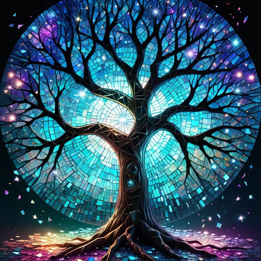 Glittering Shattered Glass Mosaic Tree in Astral Style