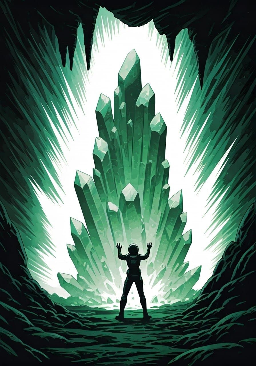 Spacesuit-clad Woman Touches Crystal in Alien Cave