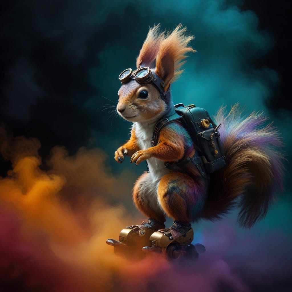 Surreal Steampunk Squirrel in Vibrant Misty Landscape