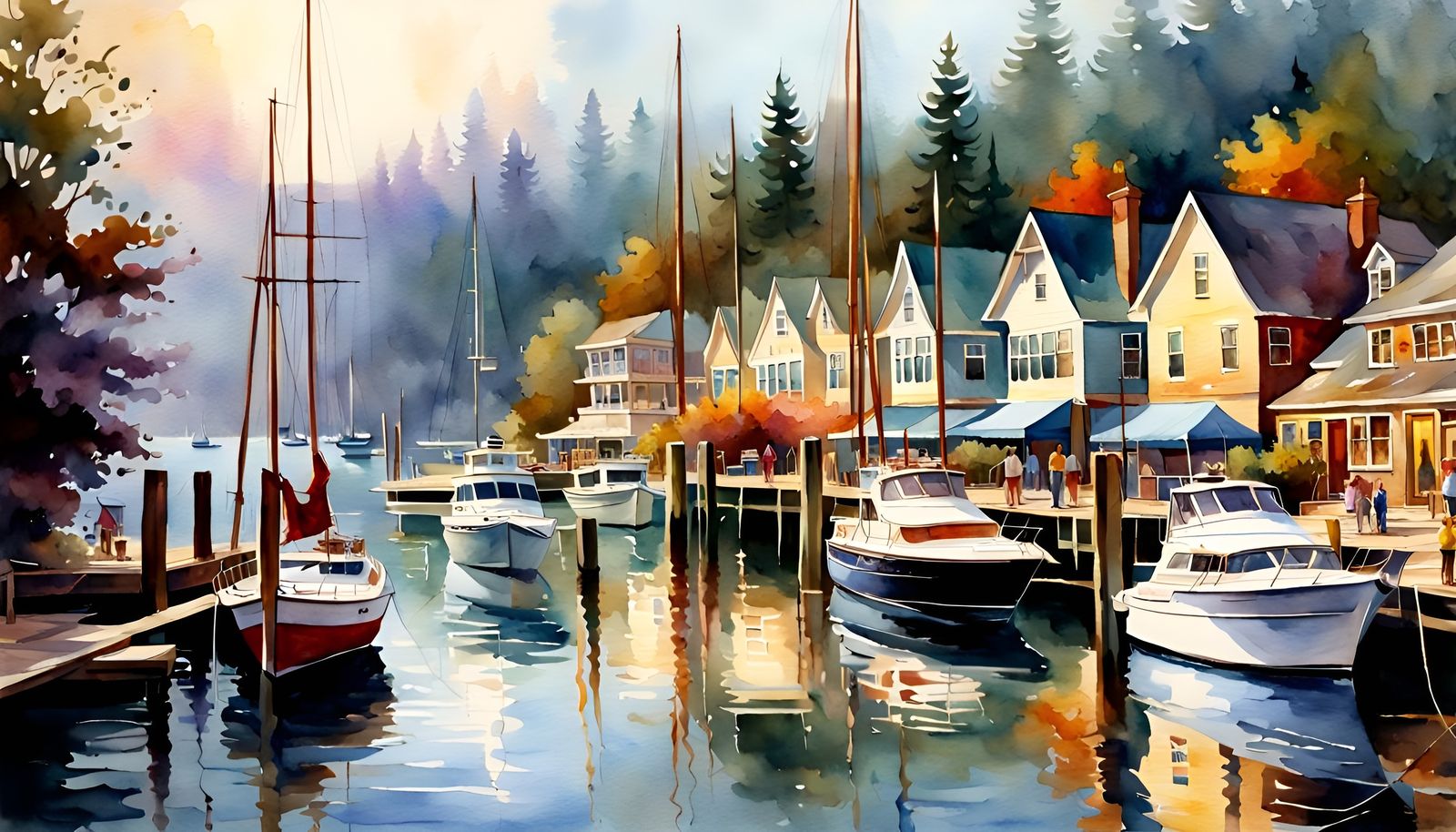 Lively Marina Scene in Loose Watercolor Style