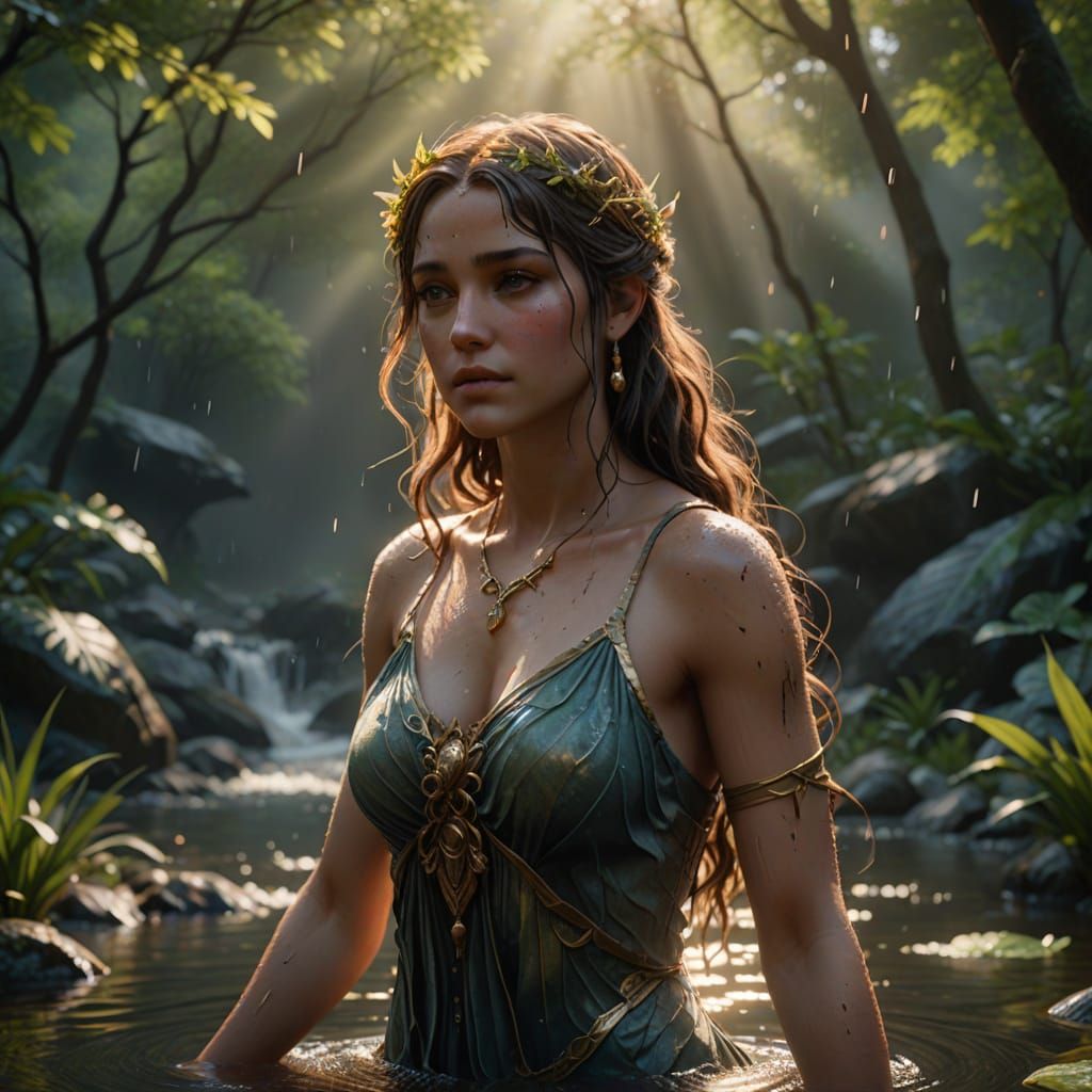 Ethereal Water Nymph Ascends from Serene Spring in Dreamy Li...