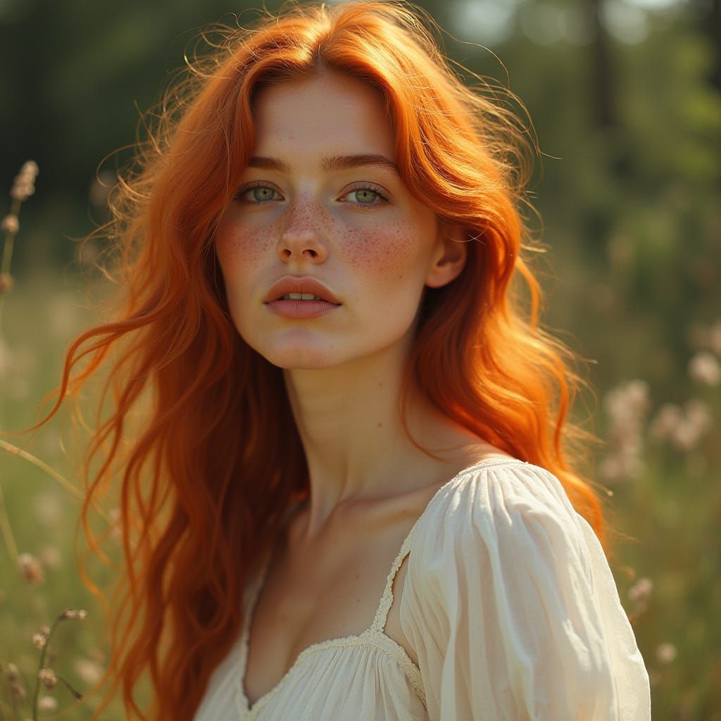 Serene Portrait of a Woman with Vibrant Red Hair