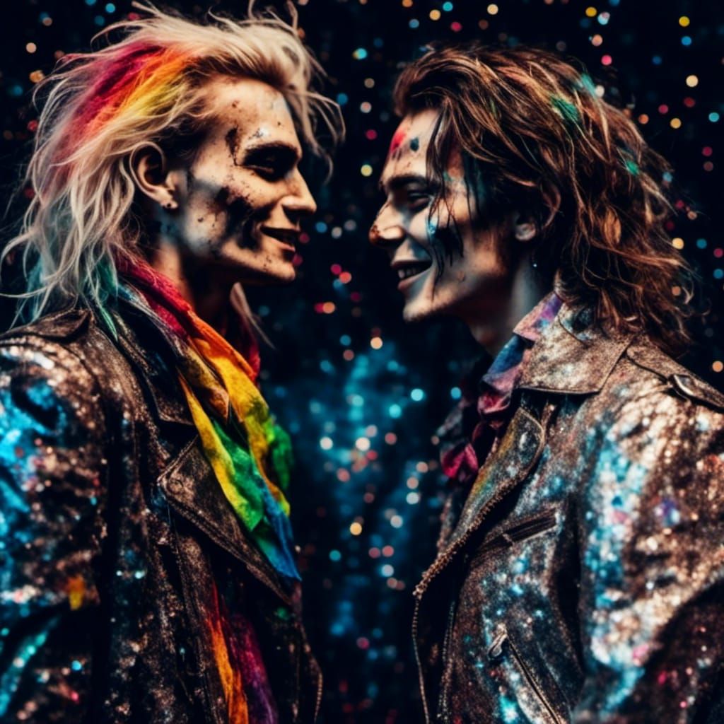 Two Young Men in Macabre Hyperreal Rainbow Glitter