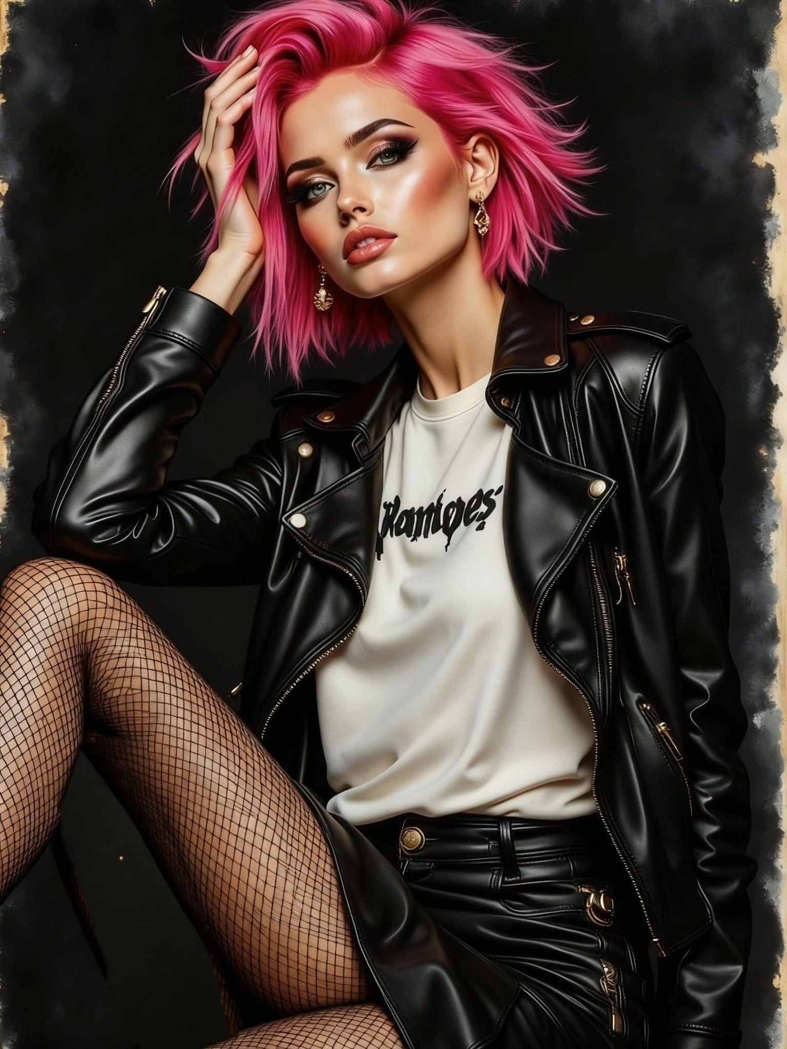 Punk Rock Supermodel in Leather Jacket and Fishnets
