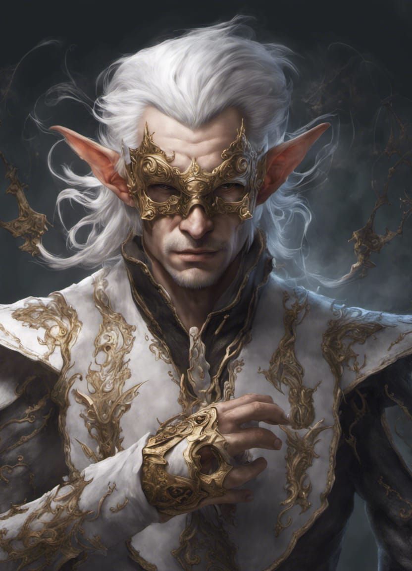 Elf Sorcerer with Clockwork Mask in Dark Fantasy Style