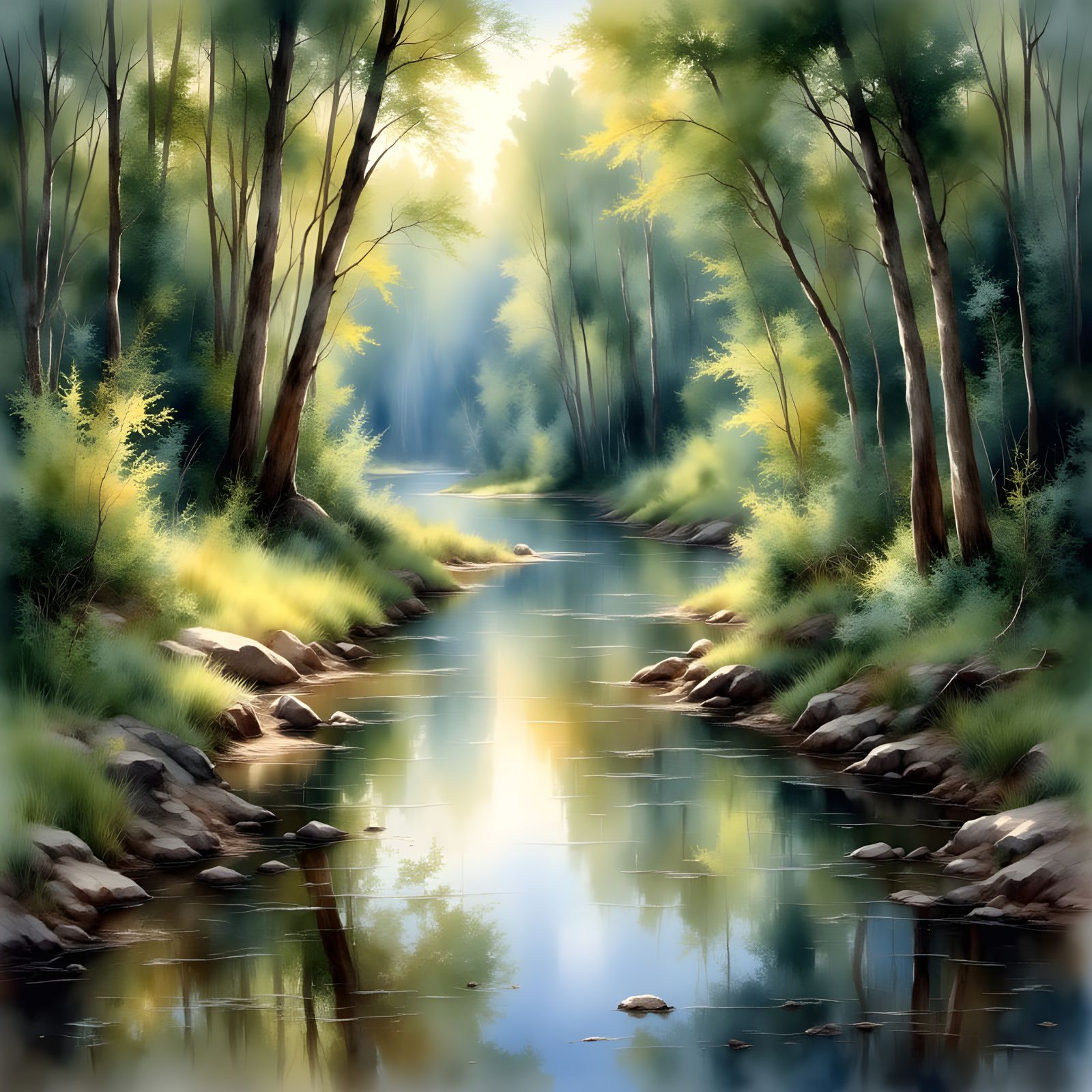 Tranquil Stream Landscape with Dappled Sunlight