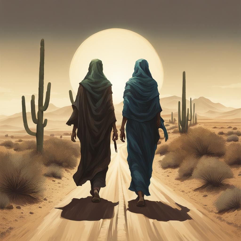 Desert Road Encounter: Two Women in a Sinister Landscape