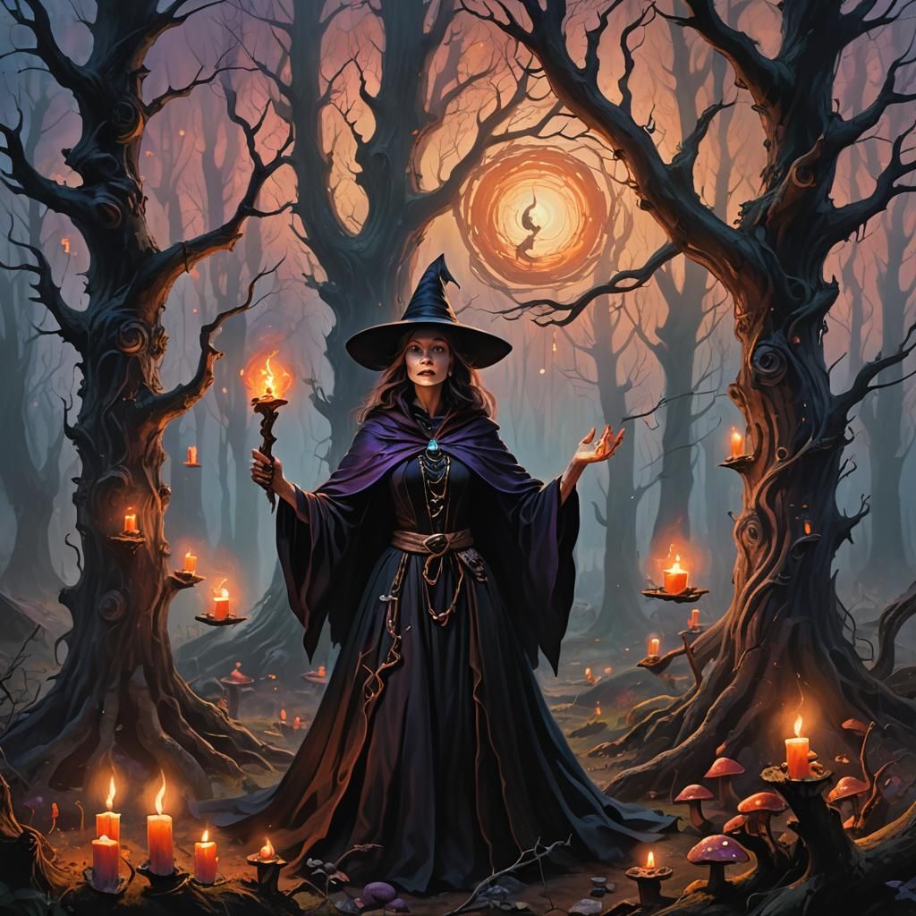 Mystical Witchcraft in Ancient Forest: Oil Painting
