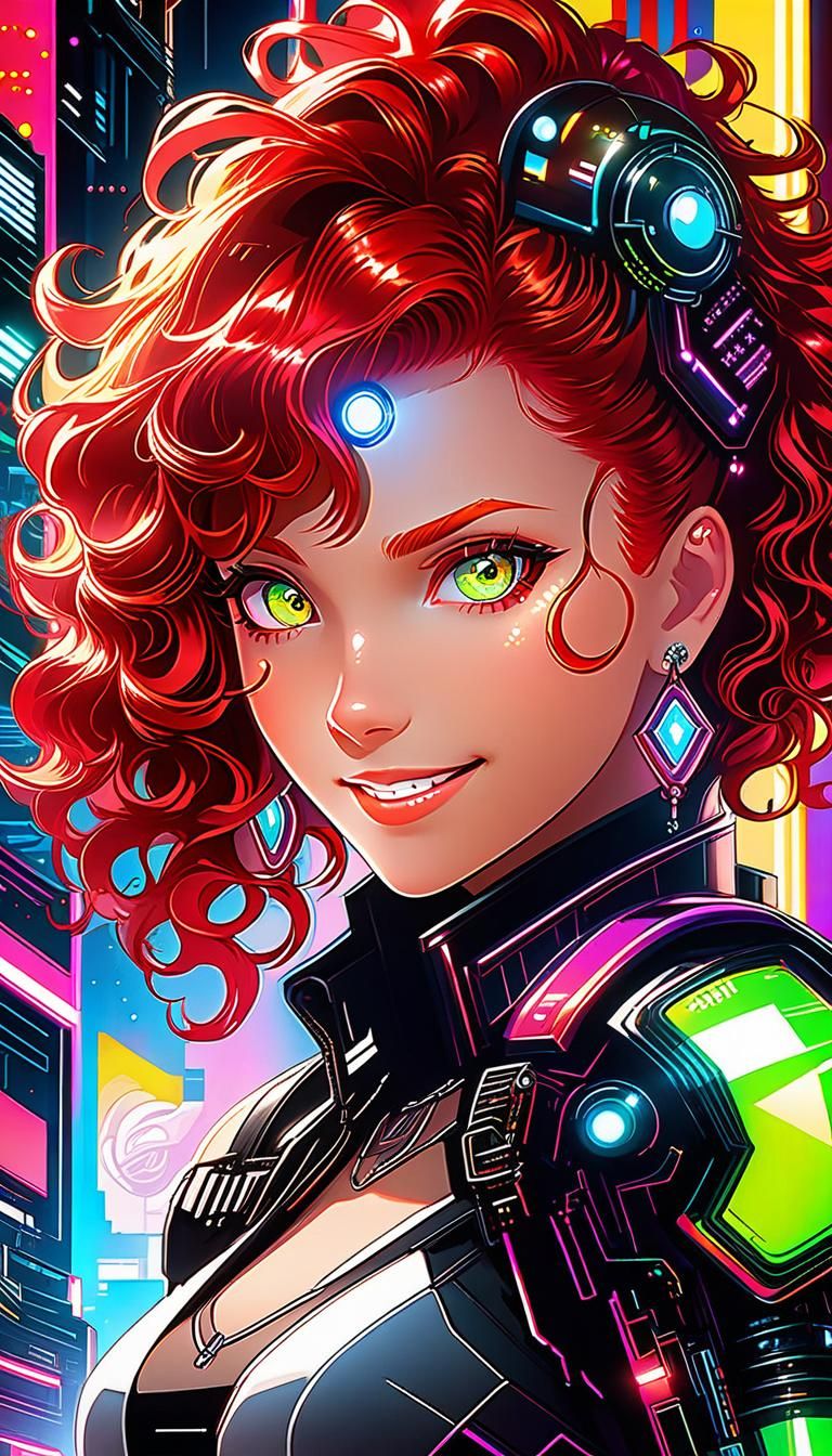 Cyberpunk Anime Girl with Red Hair and Sly Smile