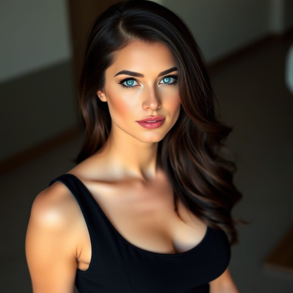 Elegant Woman in Little Black Dress with Blue Eyes