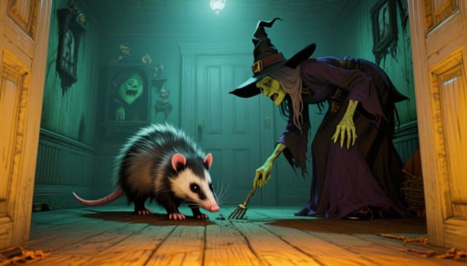 Witches Hunt Opossum in Dark Room - Photorealism