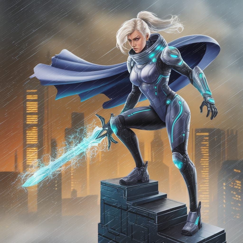 Cyberpunk Valkyrie in Blizzard with Ice Sword