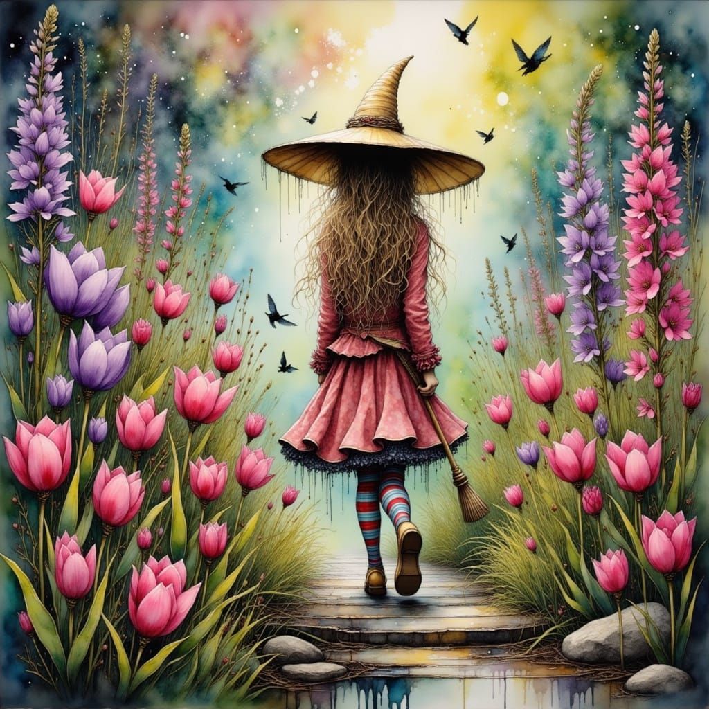 Witch in Flower Garden Oil Painting