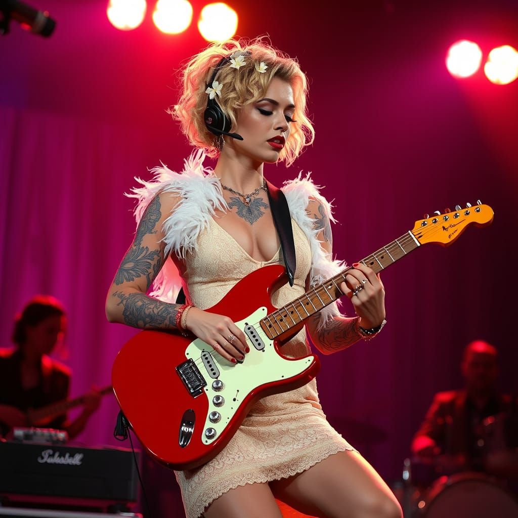 Glamorous Female Musician Performs Live on Stage with Fender...