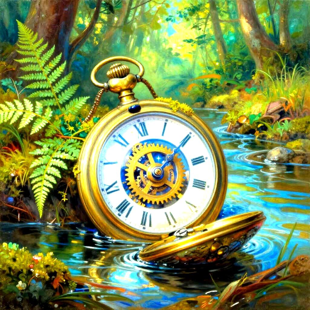 Giant Pocket Watch in Forest Stream, Surreal Oil Painting St...