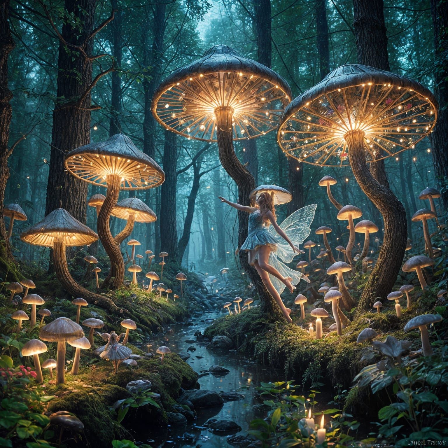 Whimsical Fairies Dance in Neon-Lit Forest