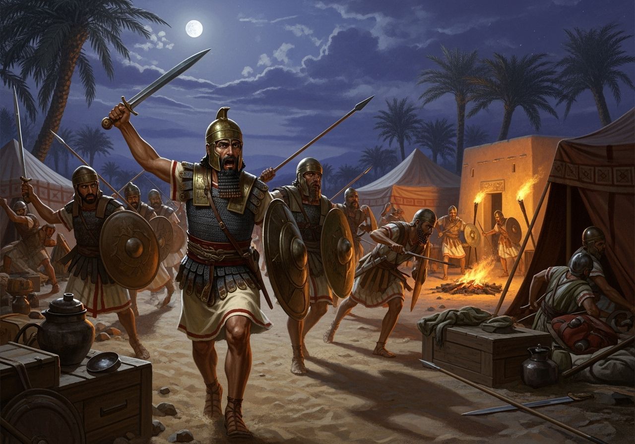 Assyrian Army Charges Oasis Camp at Night