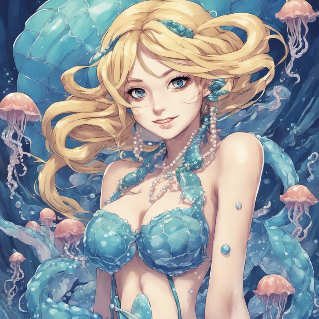 Mermaid Girl with Jellyfish Bra in Anime Style