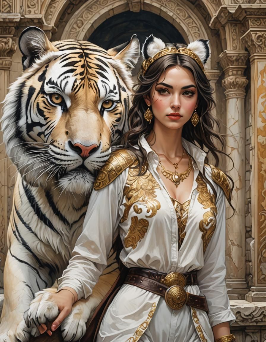 Cute Tiger-Woman in Ruined Palace, Comic Book Style