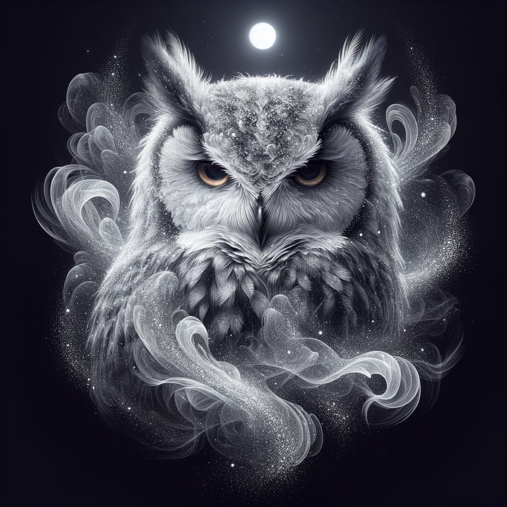 Ethereal Owl in Digital Brushstrokes Under Moonlight