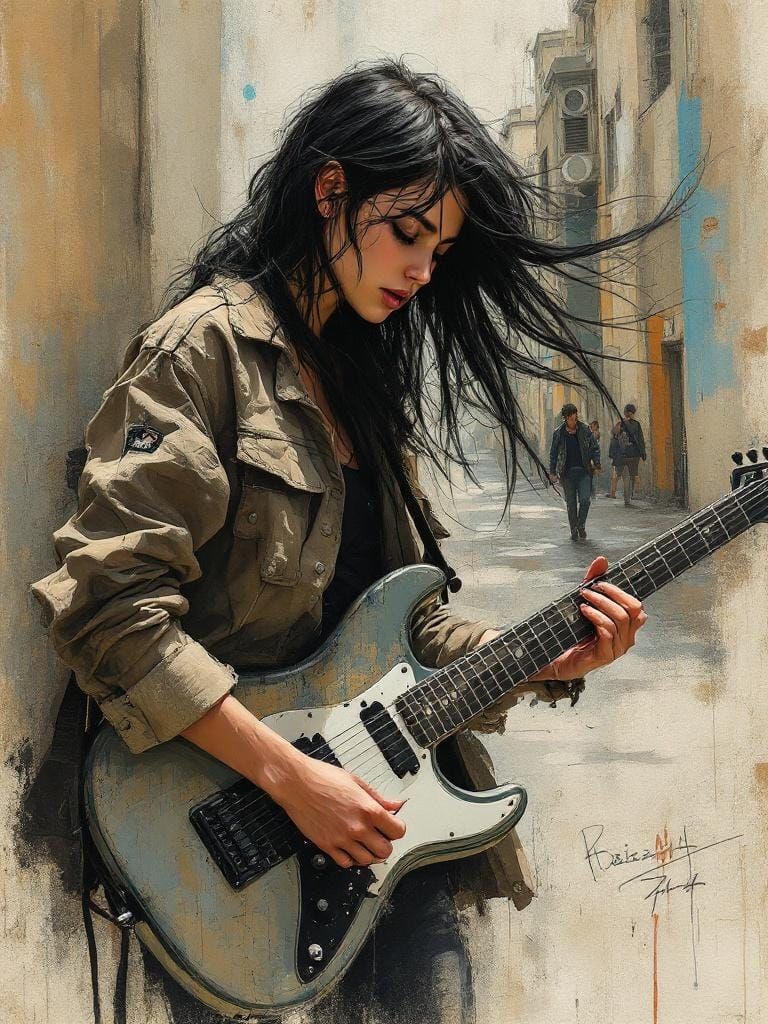Expressive Urban Guitarist in Painterly Realism Style