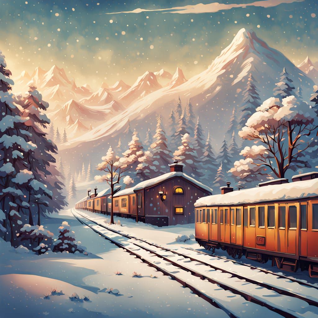 Vintage Winter Train Arrives at Quaint Station in Whimsical ...