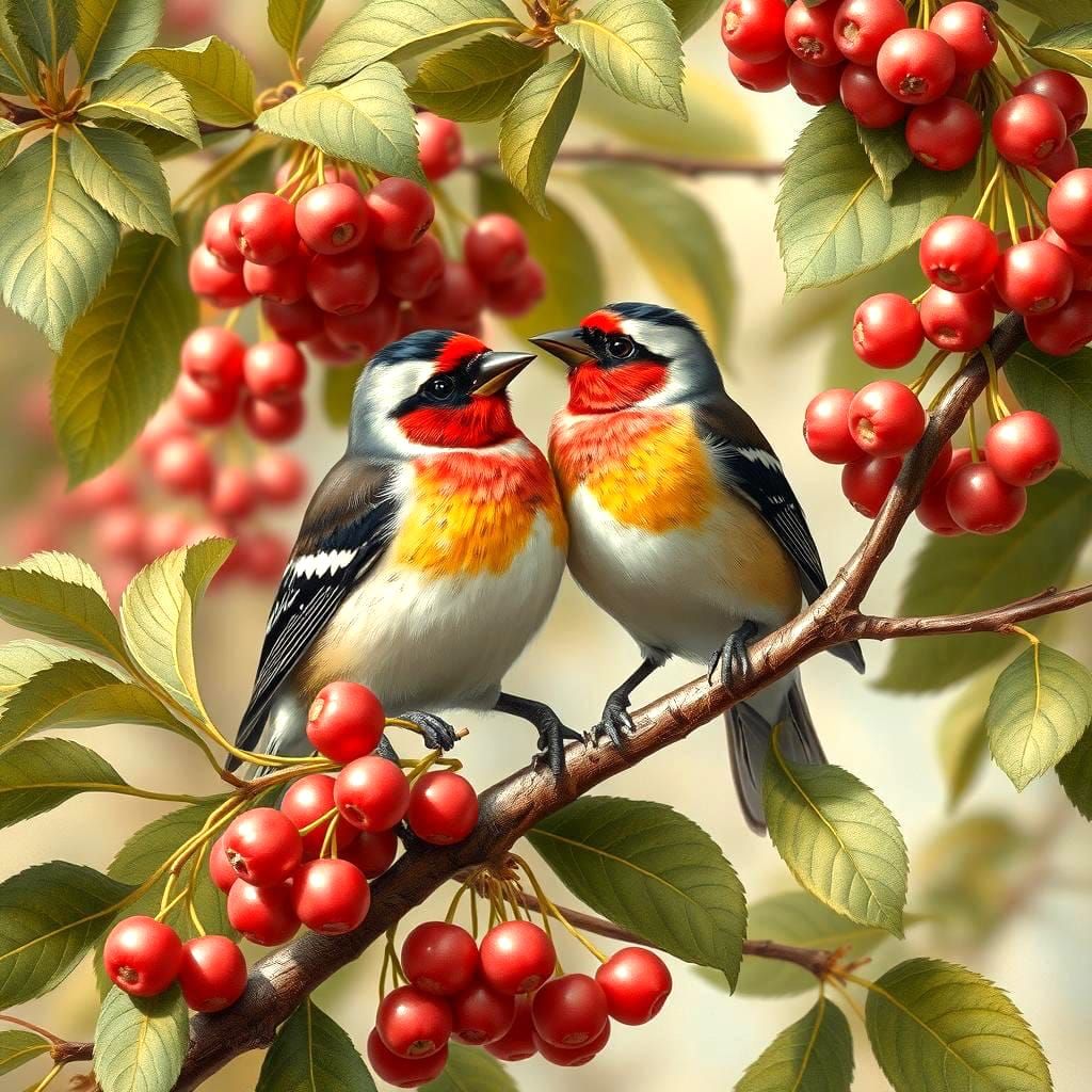 Finches in Cherry Tree, Ornithological Illustration