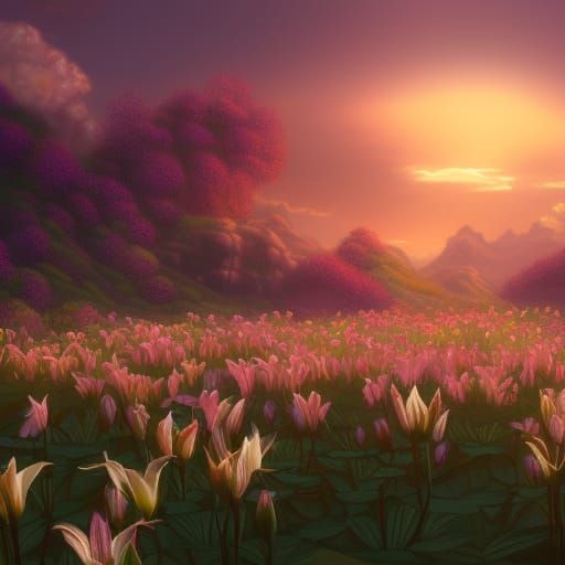 Lillies at Sunset: Detailed Matte Painting