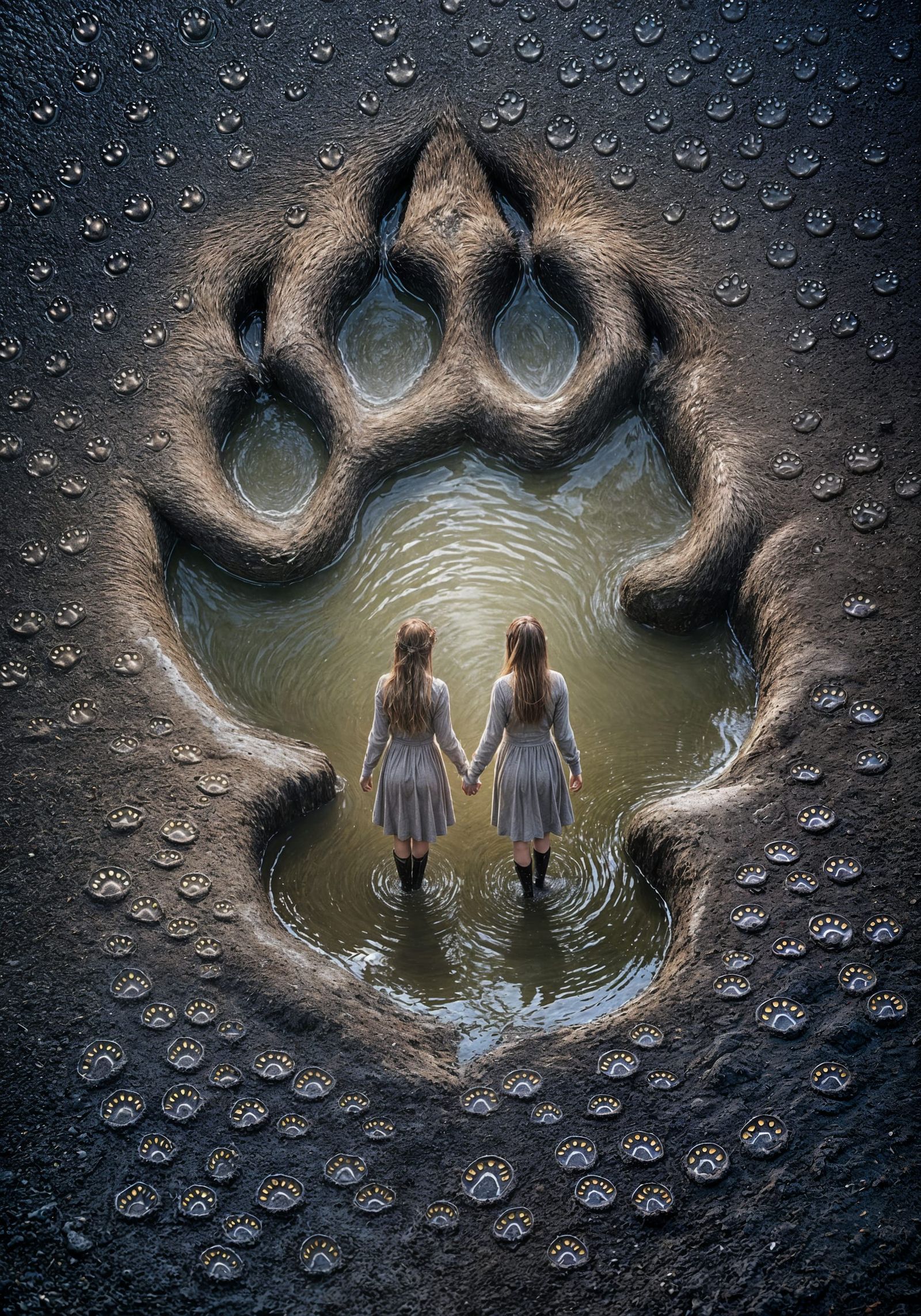 Wolf Paw Print in the Muddy Reflection
