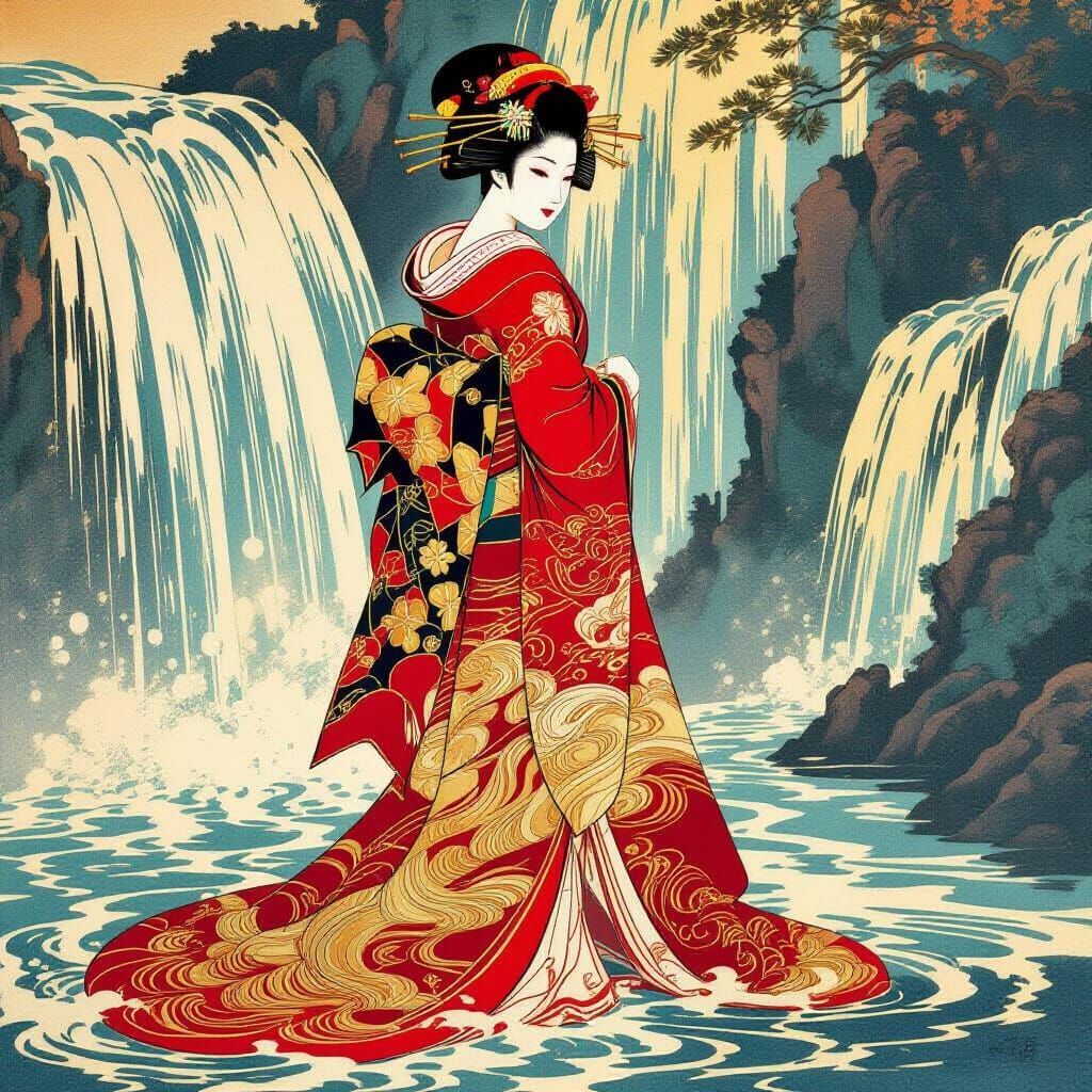 Ukiyo-e Geisha With Liquid Silk Kimono and Waterfall
