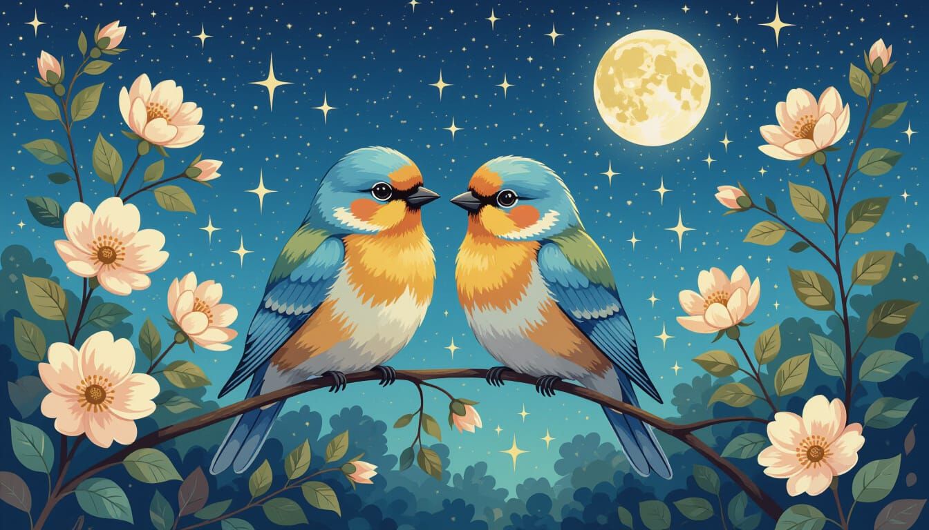 Pastel Lovebirds on Moonlit Branch