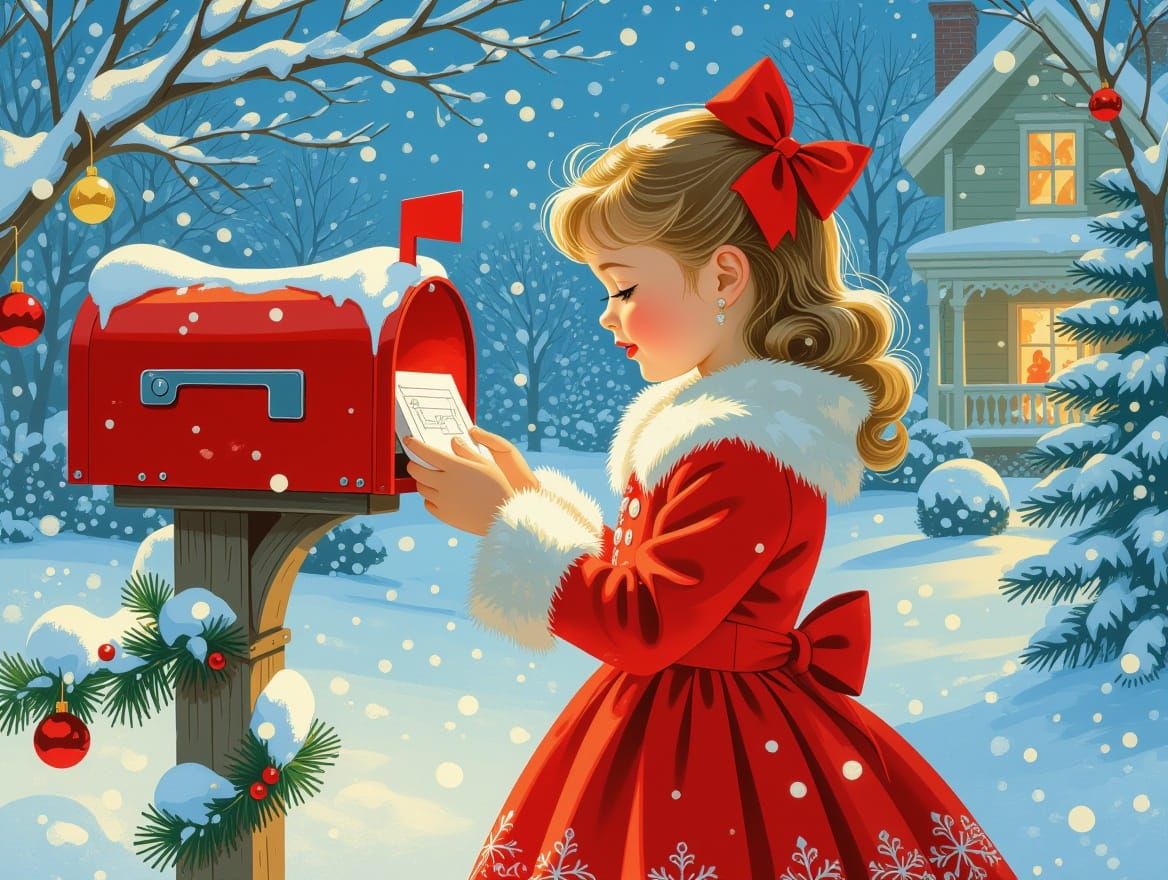 Christmas Girl Checks Mail in Pin-Up Nostalgic Style