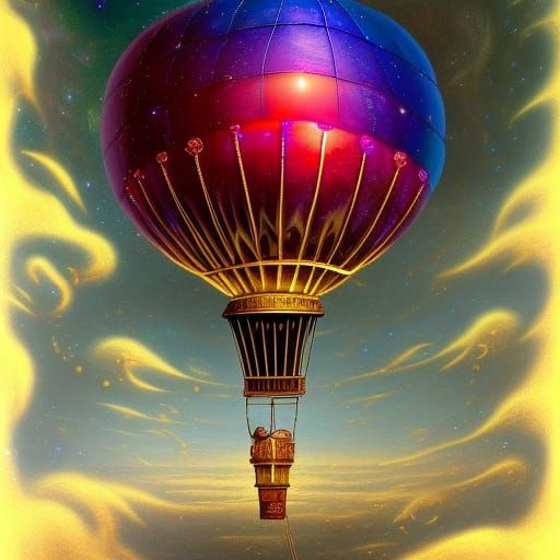 Steampunk Hot Air Balloon over Colorful Nebula