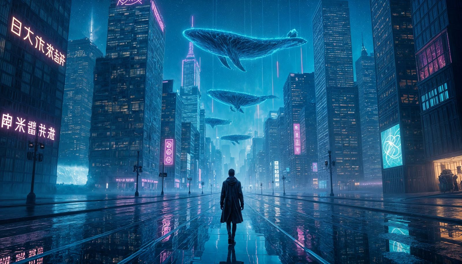 Surreal Neon Metropolis with Holographic Whales