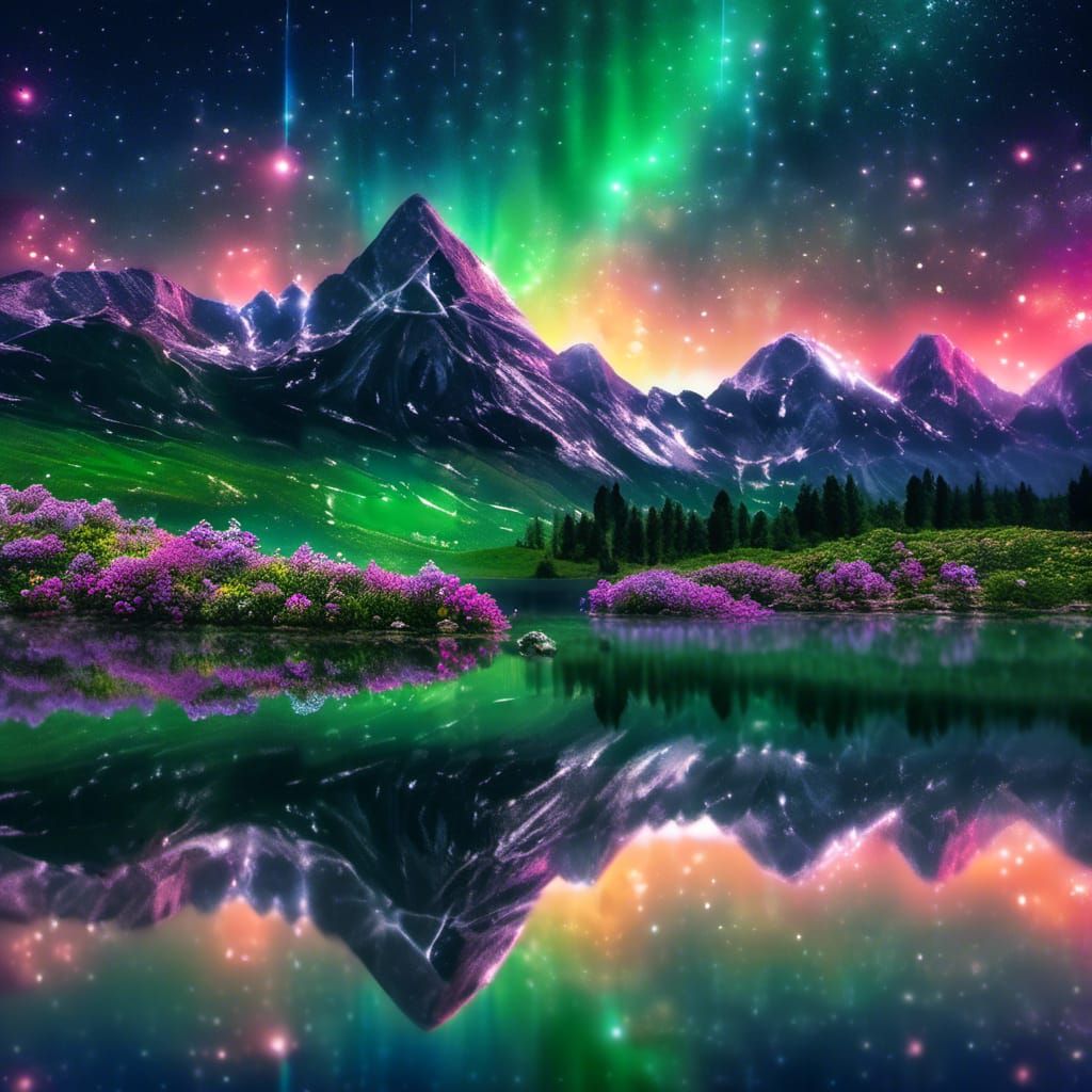 Emerald Mountain Landscape with Bokeh and Crystal Stars