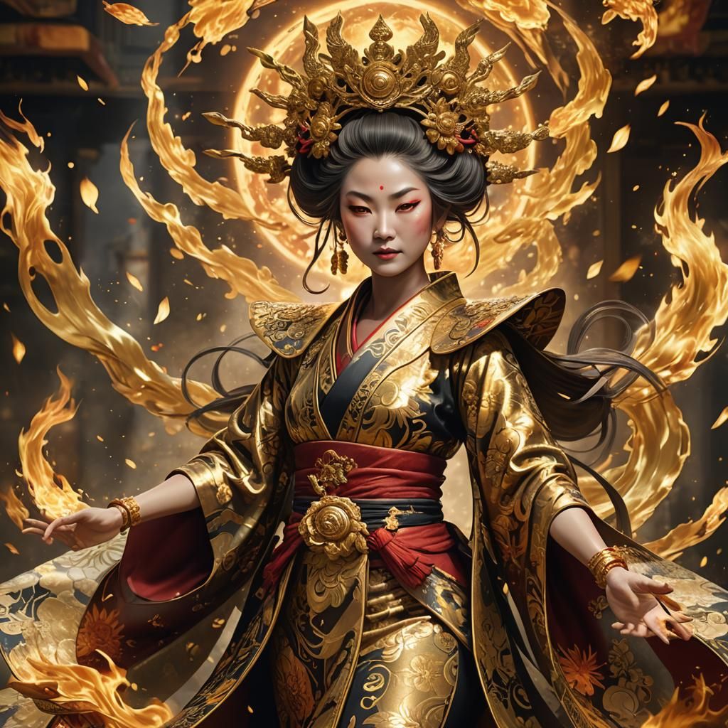 Golden Asian Sun Goddess in Flames