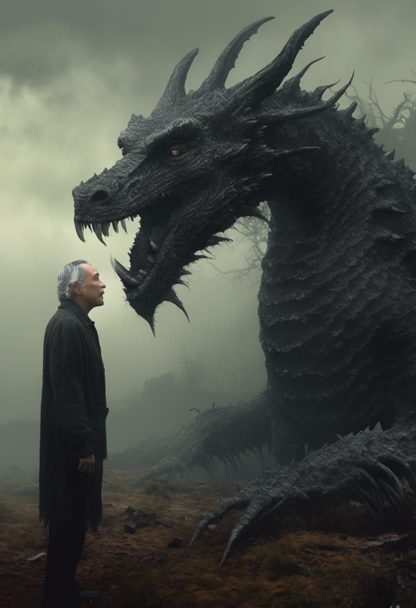 Surreal Man and Dragon Conversation, in Zombiecore Style