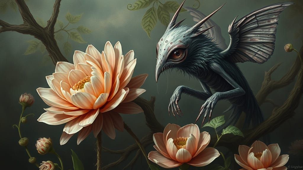 Fantastical Beasts in Surrealist Flora, Digital Illustration