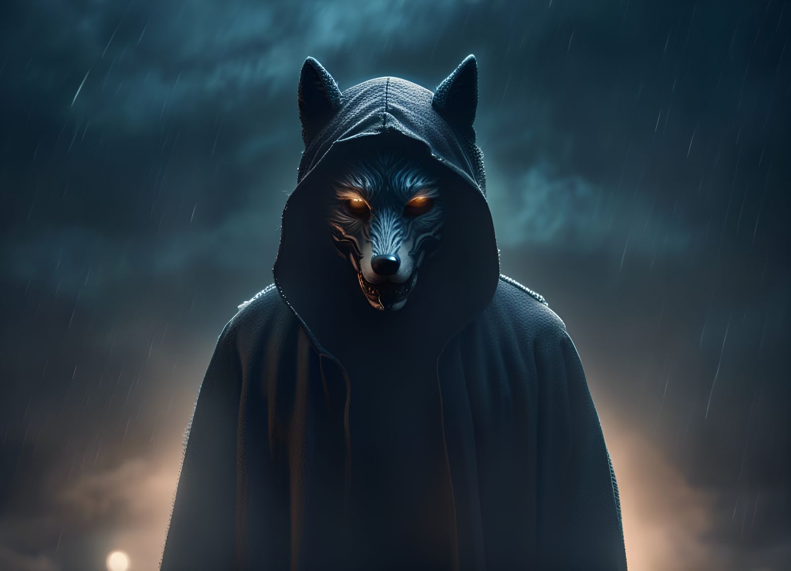 Wolf Masked Figure in Dark, Misty Night