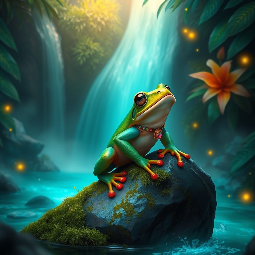 Green Frog Serenades Underwater Falls in Vibrant Fantasy