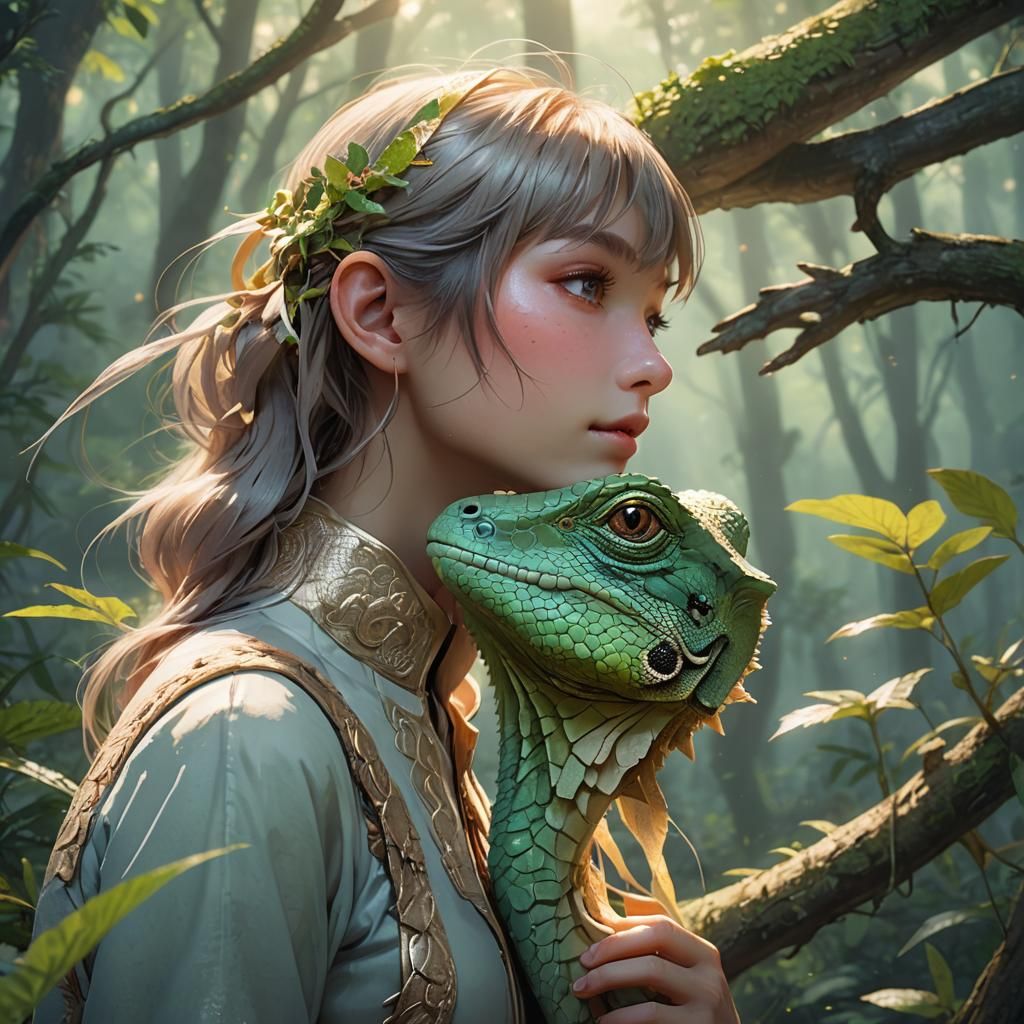 Lizard Kisses Girl in Misty Forest: Anime 3D Art