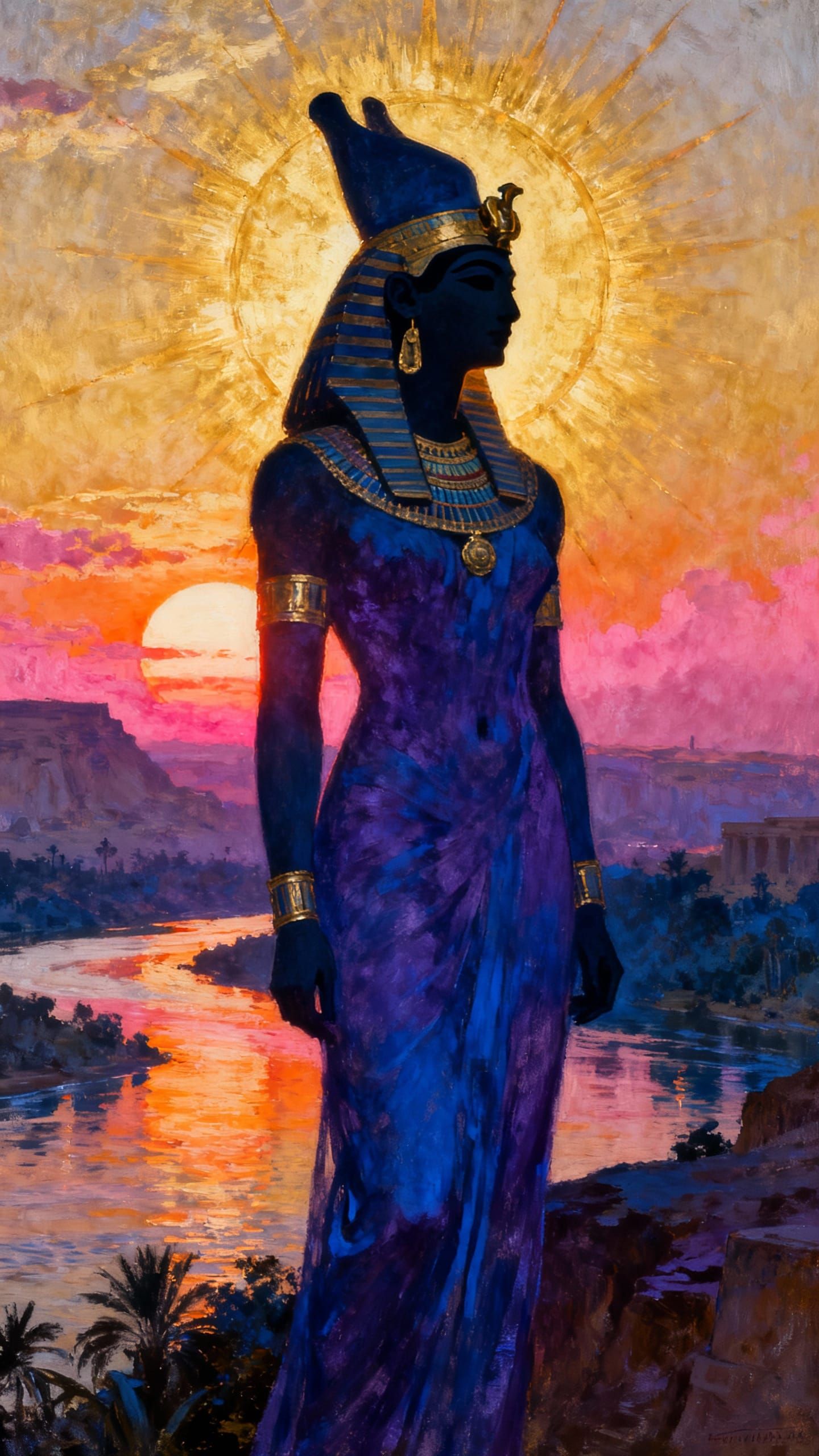 Egyptian Goddess Silhouette at Nile Sunset in Classical Styl...