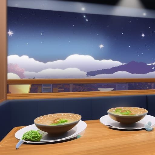 Anime Girls Eating Ramen in Studio Ghibli Style