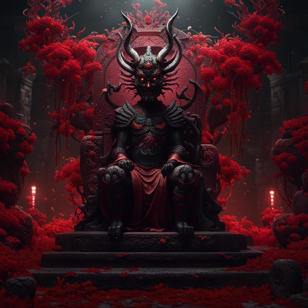 Chinese Demon on Underworld Throne with Lycoris Flowers