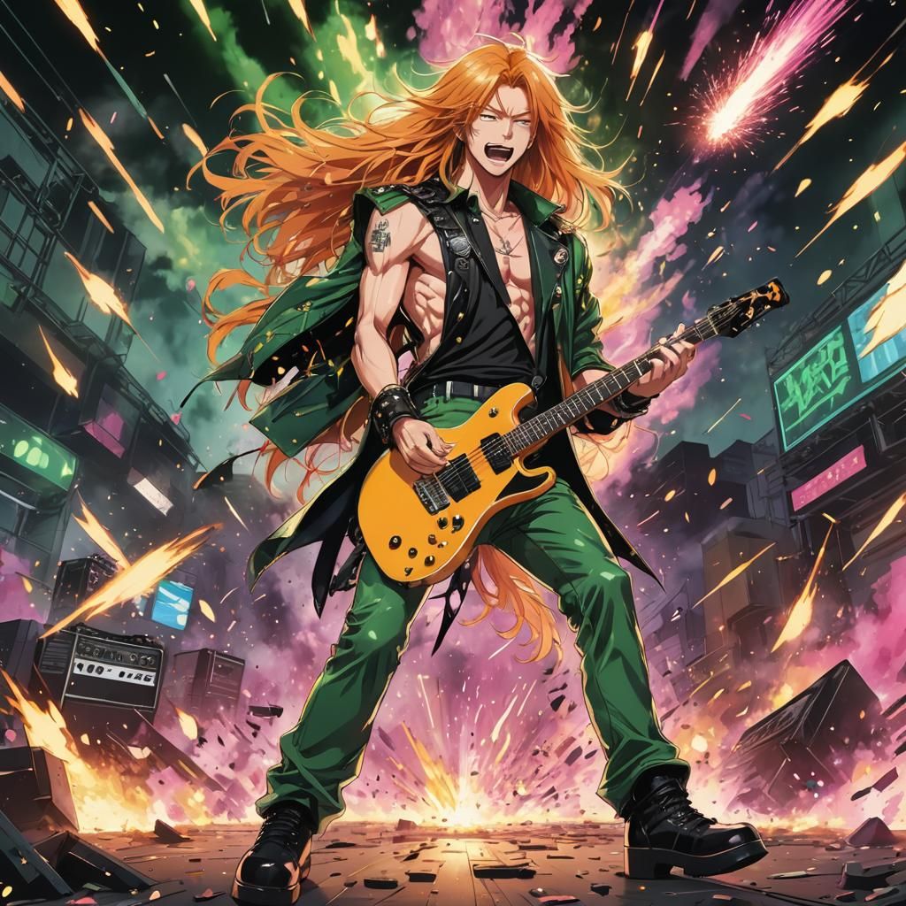 Fiery Guitarist in Anime Style Plays Electric Solo