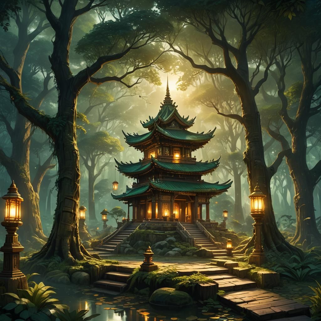 Ethereal Forest Temple in Golden Light